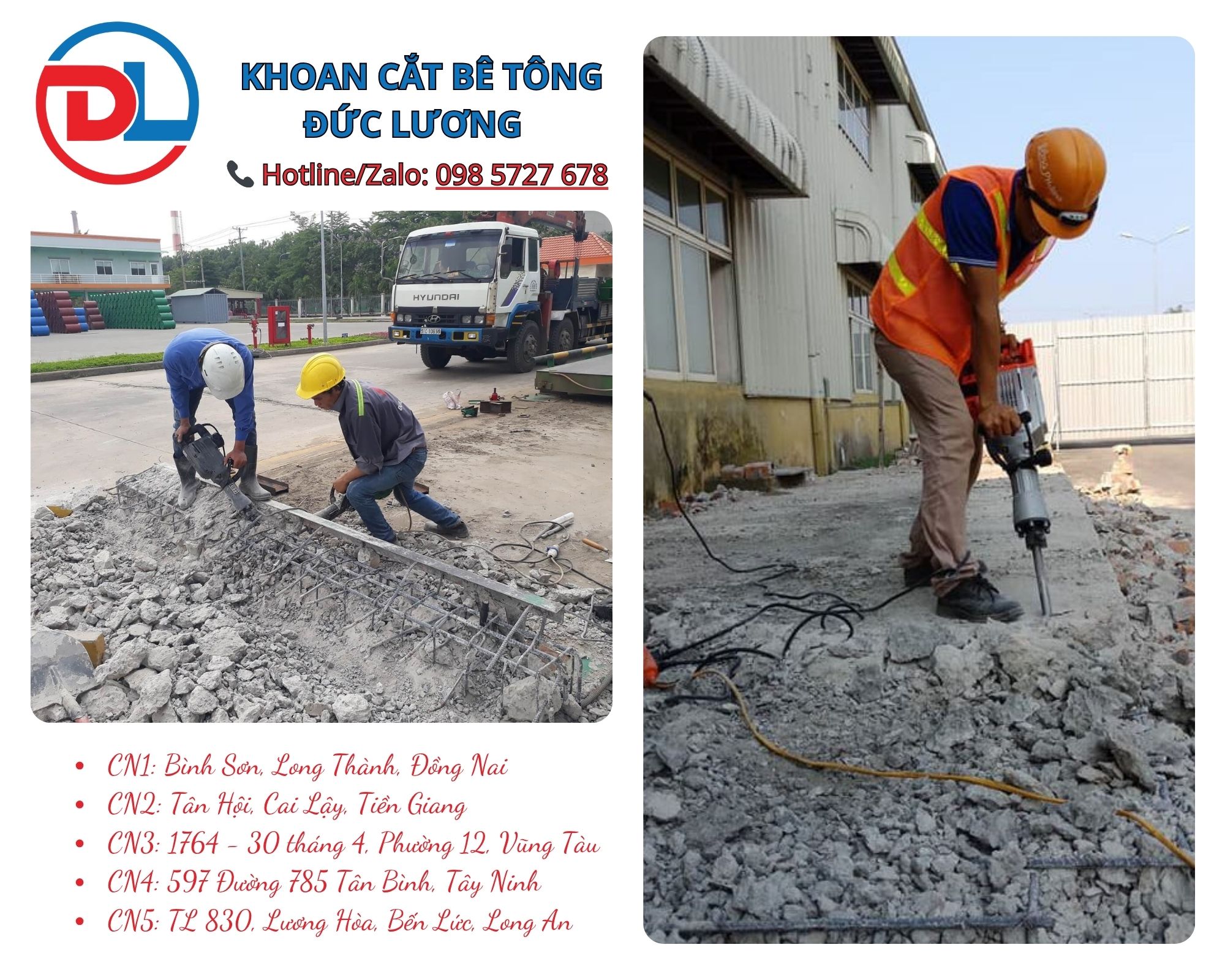 KHOAN CẮT BÊ TÔNG ĐỨC LƯƠNG đã trở thành đơn vị uy tín hàng đầu trong lĩnh vực đục phá bê tông, khoan cắt bê tông, phá dỡ nhà xưởng và thi công hạ tầng kỹ thuật