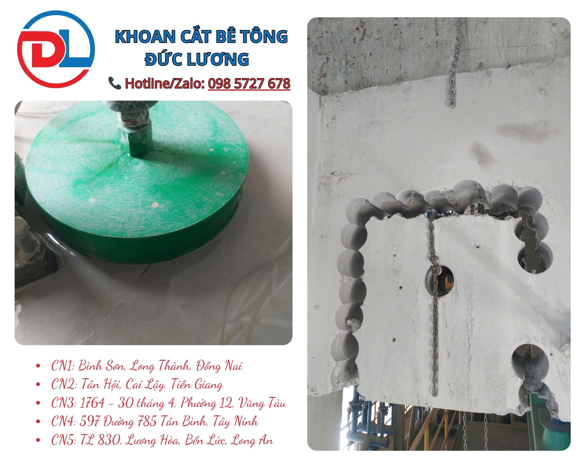 Khoan rút lõi bê tông quận 10 là giải pháp thi công hiện đại đáp ứng yêu cầu chuẩn kỹ thuật – không rung ồn – thi công sạch