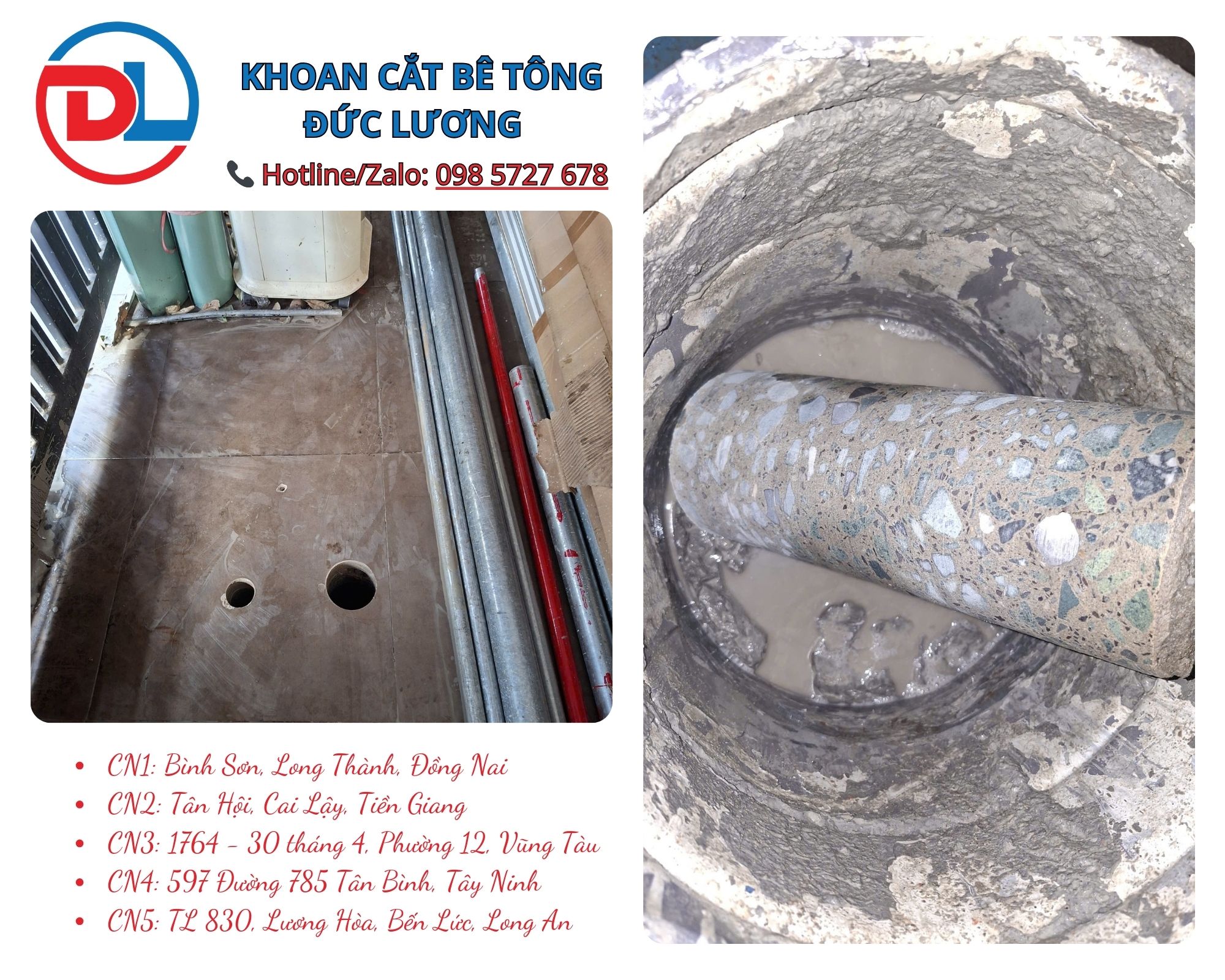 Khoan rút lõi bê tông Củ Chi là giải pháp thi công chuyên nghiệp – chính xác – an toàn, đặc biệt phù hợp với công trình lớn, khu công nghiệp